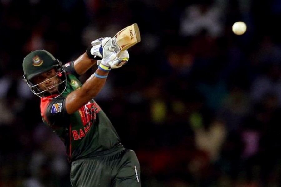 Sabbir Rahman in action during the Nidahas Trophy final. Photo: AP