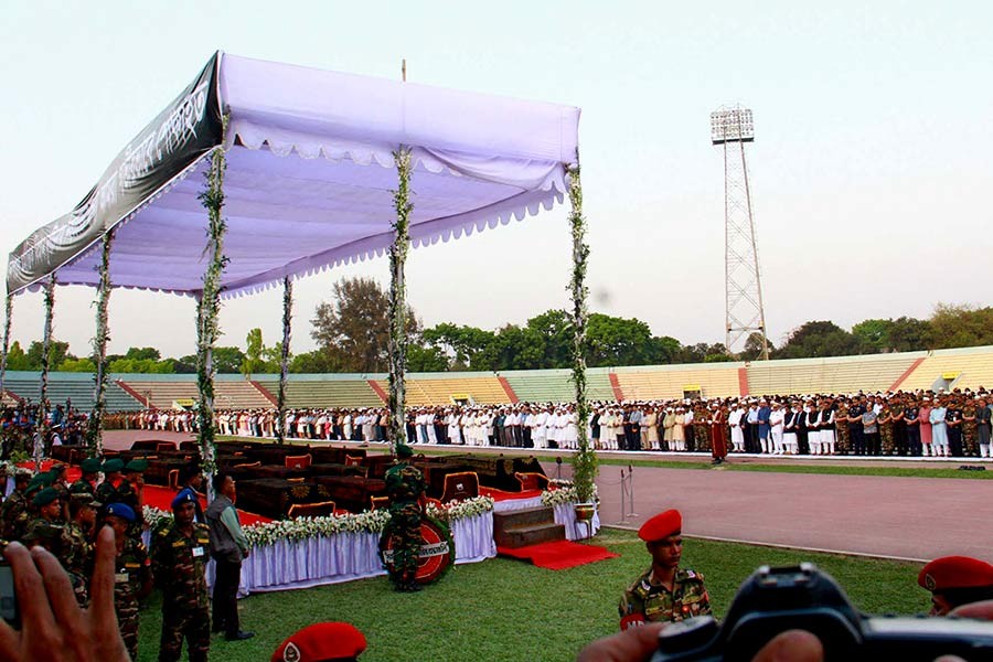 The namaz-e-janaza of 23 identified Bangladeshi victims of US-Bangla plane crash was held at army stadium in Dhaka on Monday. -Focus Bangla Photo