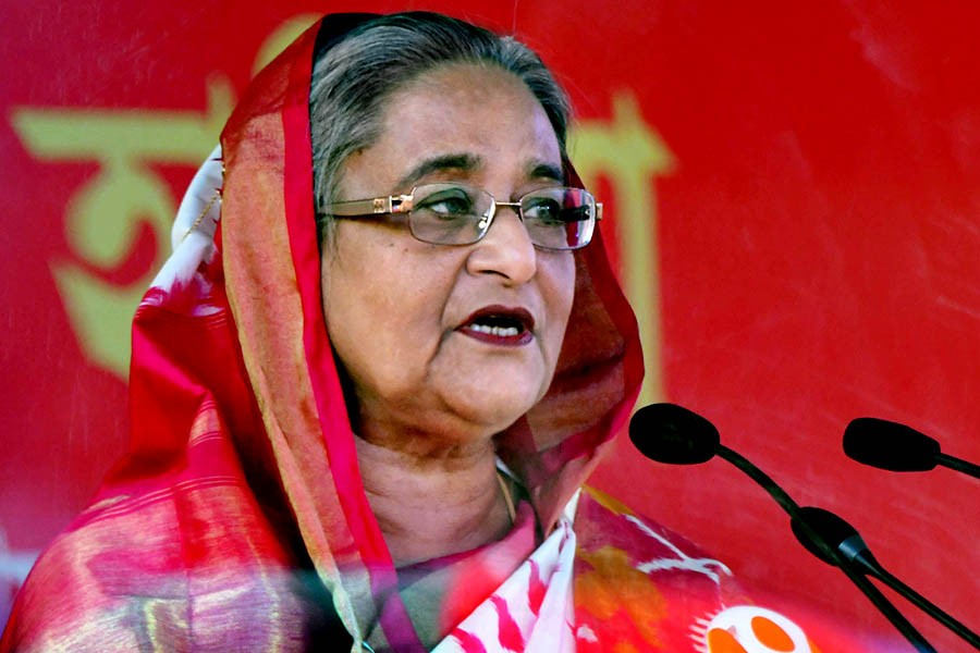 Prime Minister Sheikh Hasina speaking at the Bangabandhu Gold Cup and Bangamata Begum Fazilatunnesa Mujib Gold Cup Primary School Football Tournaments-2017 trophy and prize distribution ceremony at Bangabandhu National Stadium on Wednesday. -Focus Bangla Photo