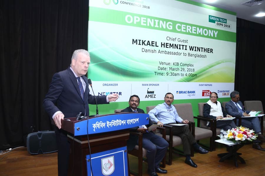 Mikael Hemniti Winther, Danish Ambassador to Bangladesh, addressing the opening ceremony of Green Development Conference-2018 (GDC 2018) and Green Tech Expo-2018 at KIB Complex in the capital recently   