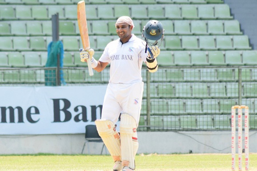 Prime Bank South Zone's cricketer Tushar Imran celebrating after hitting a century against Islami Bank East Zone on day four at Sylhet International Cricket Stadium on Friday 	— bdnews24.com