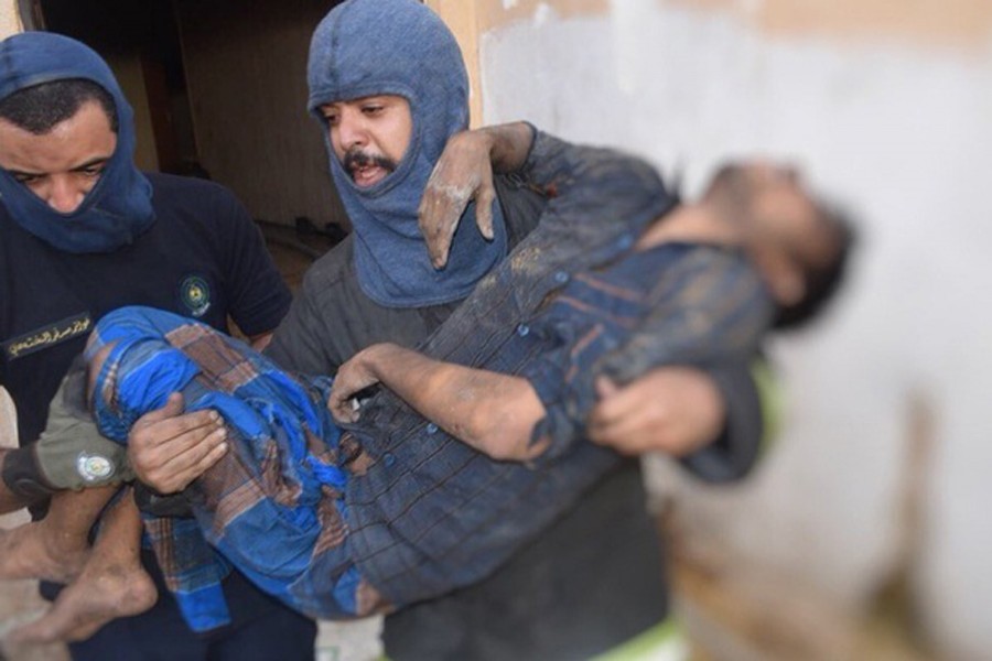 Rescuers taking a fire victim to a hospital in Saudi Arabian capital Riyadh on Friday. Photo: Twitter