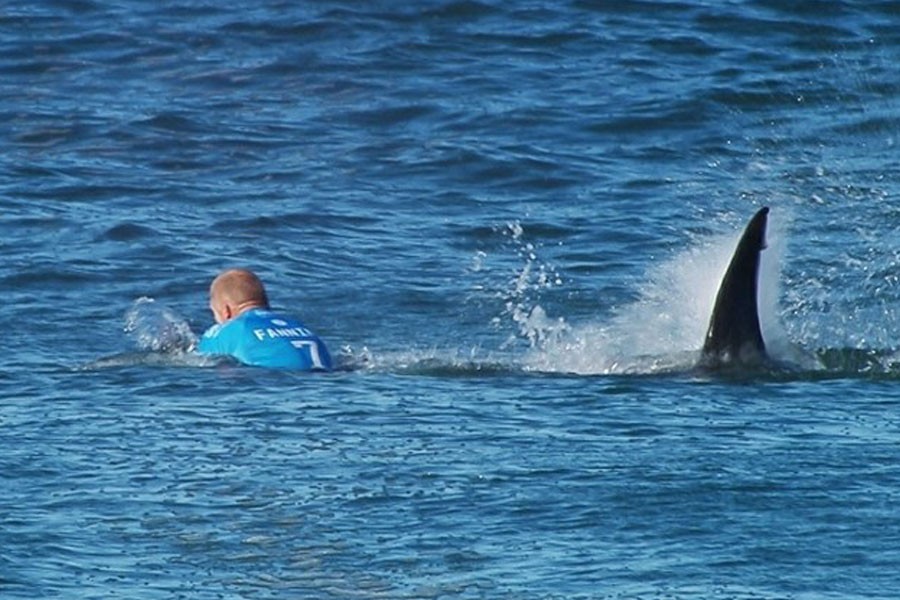 Australian surfer Mick Flanning is pursued by a shark, in Jeffrey's Bay, South Africa, Sunday, July 19, 2015. (World Surf League via AP)