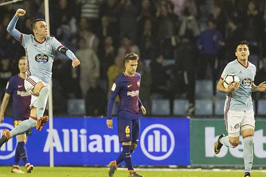 Celta’s Iago Aspas celebrates after scoring their second in the 2-2 draw against Barcelona on Tuesday - AP photo