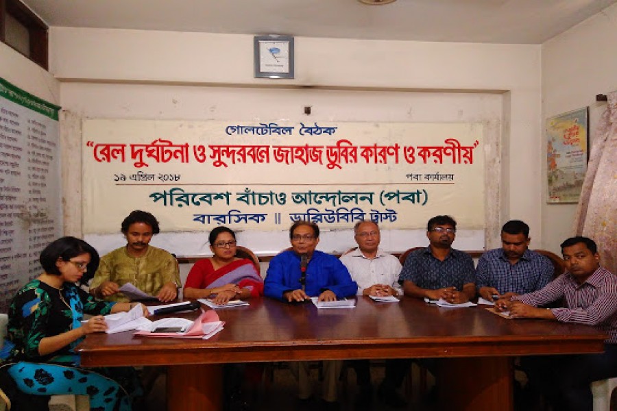 Speakers at a roundtable in the city organized by green group POBA (Save the Environment Movement) at its office on Thursday. Photo: Priyanka Kundu/UNB