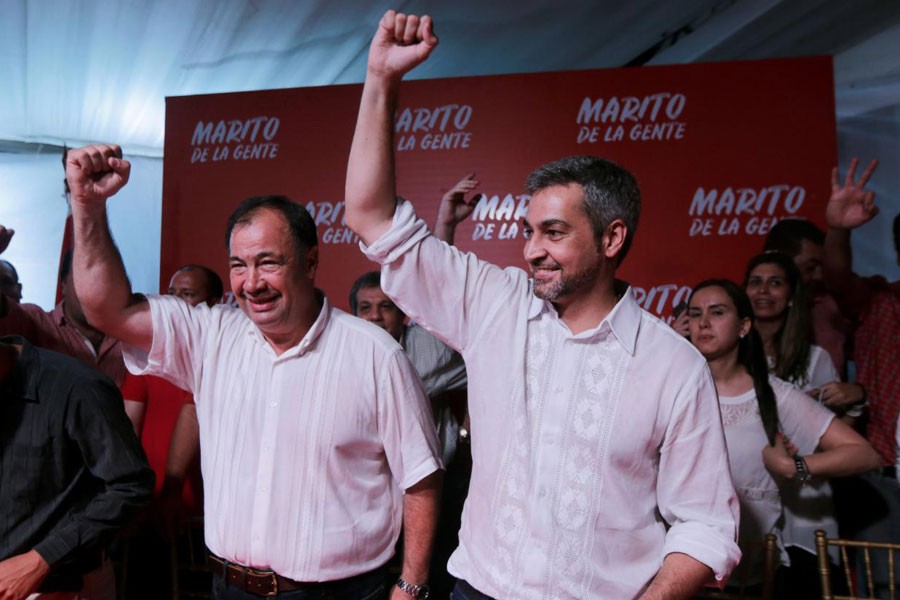 Paraguay’s presidential pre-candidate Mario Abdo Benitez of the Colorado party celebrates with supporters at his headquarters in Asuncion, Paraguay, December 17, 2017. Reuters.