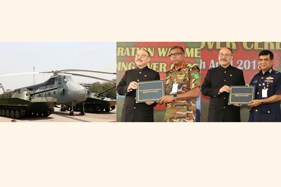 Harsh Vardhan Shringla, High Commissioner of India in Bangladesh, handing over two PT-76 tanks, memorabilia of the Liberation War of 1971, to Chief of General Staff of Bangladesh Army Lt General Md Nazimuddin and a Mi-4 helicopter to Assistant Chief of Air Staff (Admin) Air Vice Marshal M Abul Bashar at Bangladesh Air Force Base Bashar on Wednesday	— ISPR