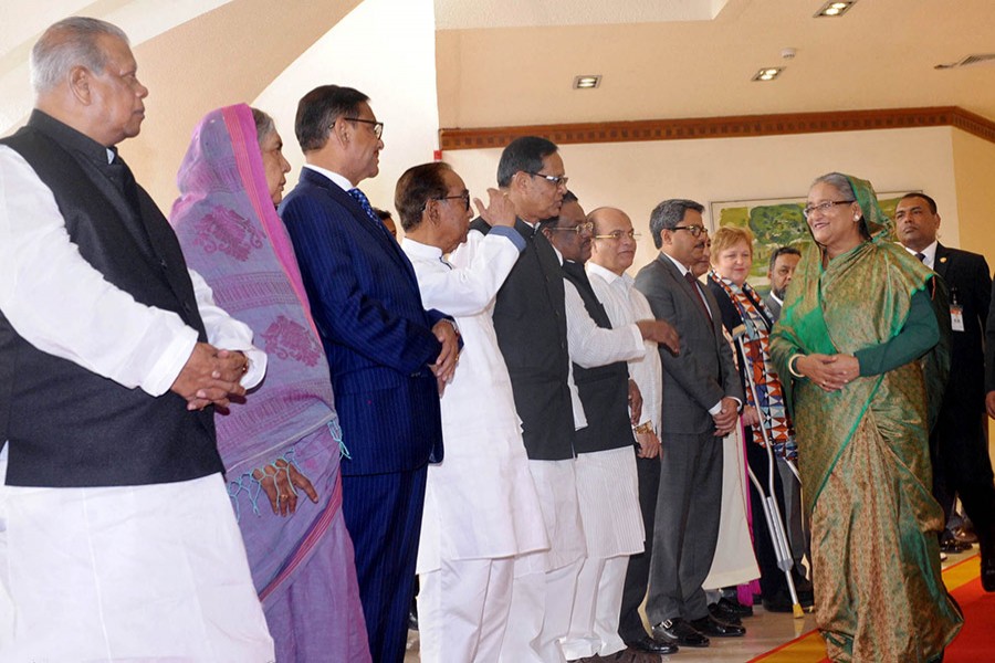 Industries Minister Amir Hossain Amu, Agriculture Minister Matia Chowdhury, Road Transport and Bridges Minister Obaidul Quader, State Minister for Foreign Affairs Md Shahriar Alam, among others, saw the prime minister off at the airport - Focus Bangla photo