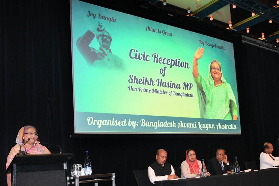 Prime Minister Hasina speaking at the gathering of expatriates in Australia’s Sydney on Saturday. Photo: Focus Bangla