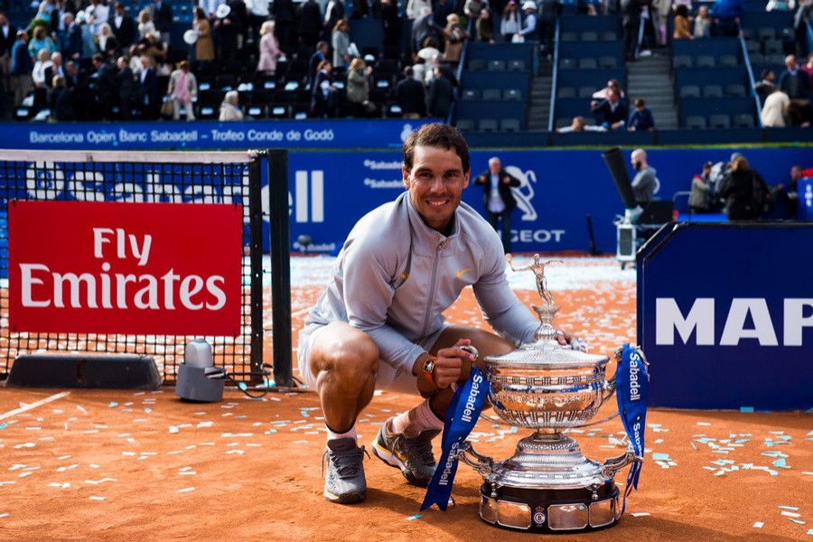 Spain's Rafael Nadal celebrating with the trophy after winning the final against Greece's Stefanos Tsitsipas on Sunday	— Reuters