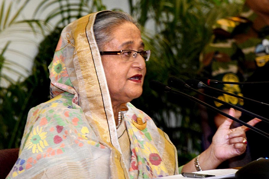 Prime Minister Sheikh Hasina addressing a press conference at her official residence Ganabhaban on Wednesday. -Focus Bangla Photo