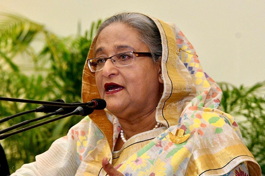 Prime Minister Sheikh Hasina addressing a press conference at her official residence Ganabhaban on Wednesday. – Focus Bangla Photo.