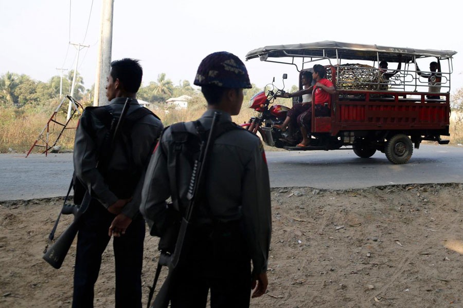 Myanmar policemen stand in a check point outside Rohingya refugee camp in Sittwe, Myanmar March 3, 2017. Reuters photo used for representation.