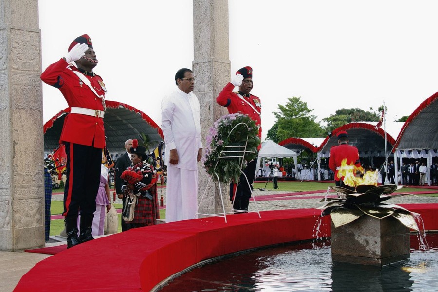 Sri Lanka President Maithripala Sirisena attending a commemorative ceremony marking the ninth anniversary to the end of Sri Lanka’s civil war at the national war heroes memorial in Colombo on Saturday	— AP