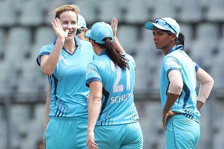 Supernovas's Perry celebrating after getting a wicket of Trailblazers during the Indian Premier League (IPL) 2018 Women's Exhibition match at the Wankhede Stadium in Mumbai on Tuesday	— BCCI