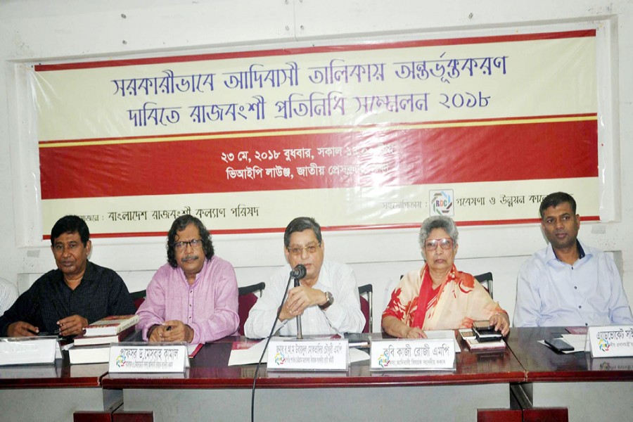 RAM Obaidul Muktadir Chowdhury, chairman of the Parliamentary Standing Committee on the Ministry of Chittagong Hill Tracts Affairs, speaking at a programme organised by Bangladesh Rajbangshi Welfare Association at the National Press Club in the city on Wednesday 	— FE photo