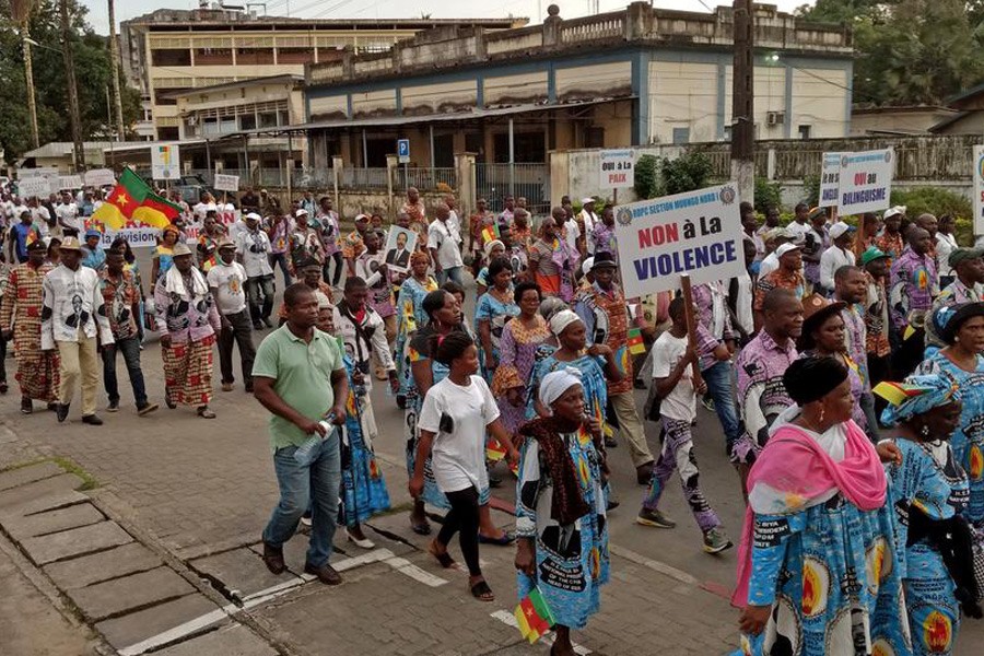 Demonstrators carry banners as they take part in a march voicing their opposition to independence or more autonomy for the Anglophone regions, in Douala, Cameroon October 1, 2017. Reuters.