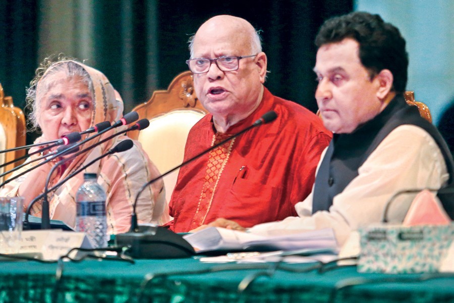 Finance Minister AMA Muhith addressing a post-budget press conference in Dhaka city on Friday — FE photo