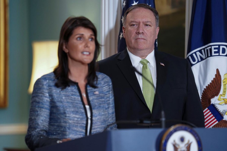 US Ambassador to the United Nations Nikki Haley delivers remarks to the press together with US Secretary of State Mike Pompeo, announcing the US's withdrawal from the UN's Human Rights Council at the Department of State in Washington, US, June 19, 2018. Reuters