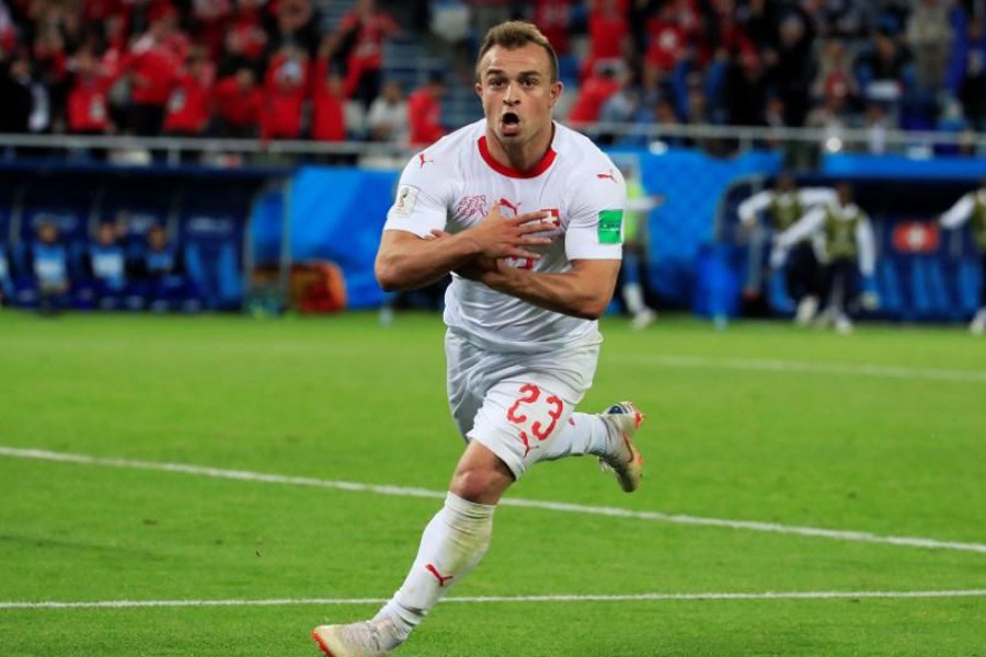 Soccer Football - World Cup - Group E - Serbia vs Switzerland - Kaliningrad Stadium, Kaliningrad, Russia - June 22, 2018 Switzerland's Xherdan Shaqiri celebrates scoring their second goal. Reuters.