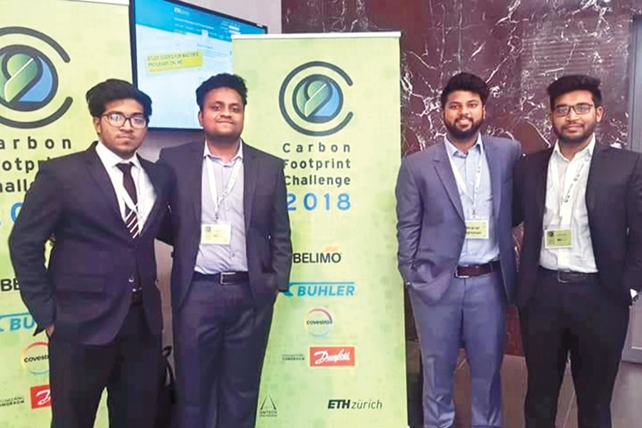 The members of Carbon Footprint Challenge 2018 winning team from Bangladesh: (left to right) Mohammad Zubayer Hossain Khan, Saadman Faisal, Sharar Bin Rahman and Sk Mohaimen Hossain