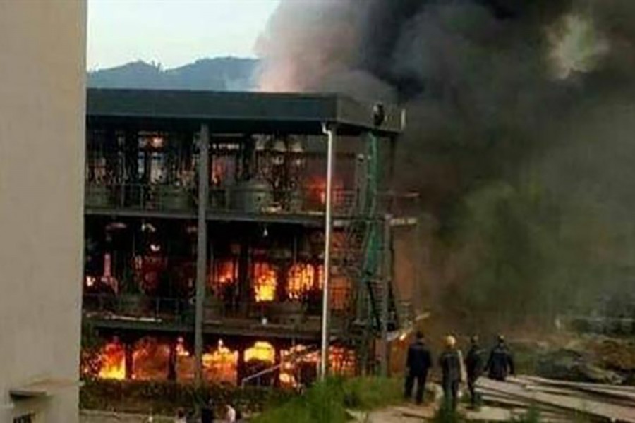 Photo shows a chemical plant in China’s Sichuan province burning after a blast on Thursday - Courtesy: Press TV