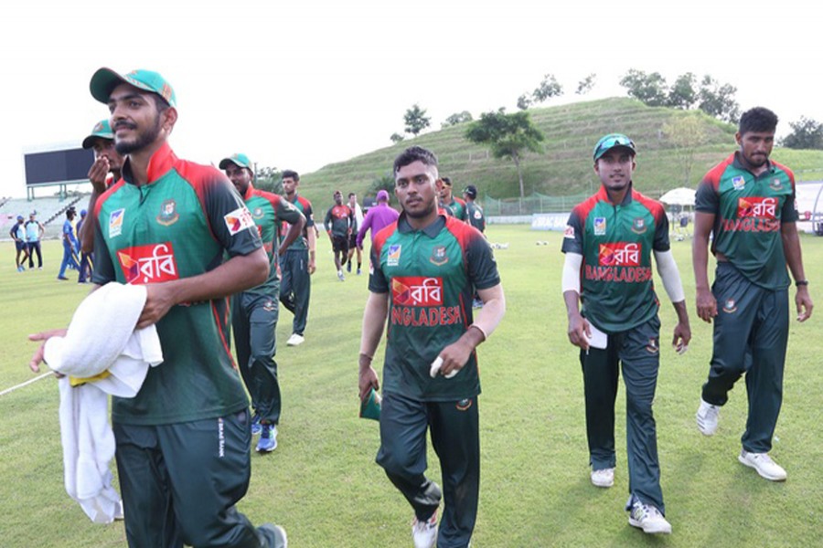 Bangladesh A team leaving the field after winning against Sri Lanka A team at the first match of the three-match one-day series at the Sylhet International Cricket Stadium in Sylhet on Tuesday	— bdnews24.com