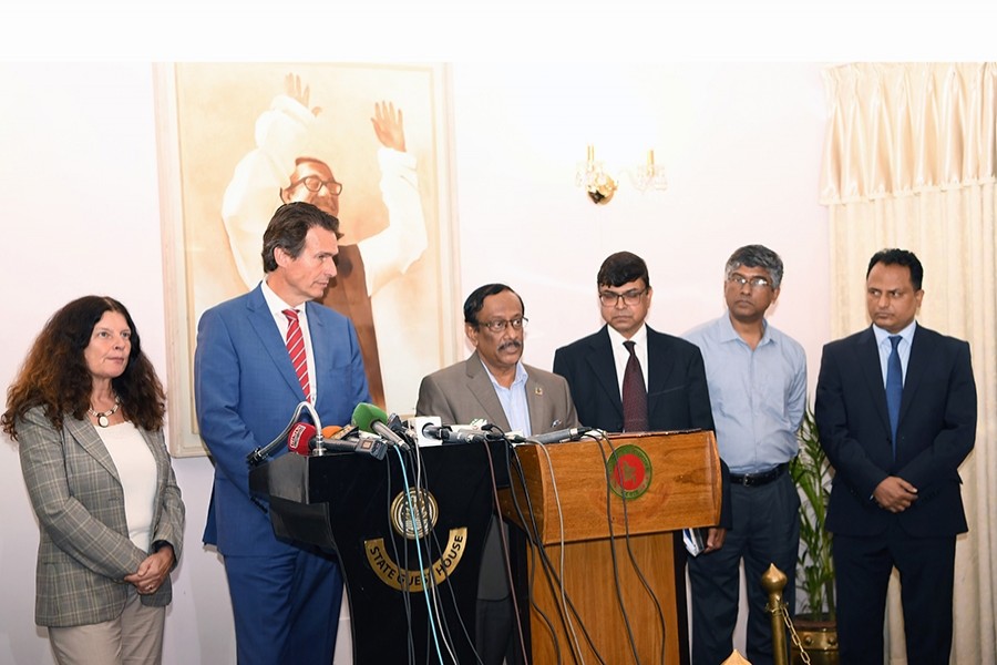 Participants at a joint press briefing after the third diplomatic consultation between Bangladesh and the European Union at the state guesthouse Padma on Thursday — PID photo