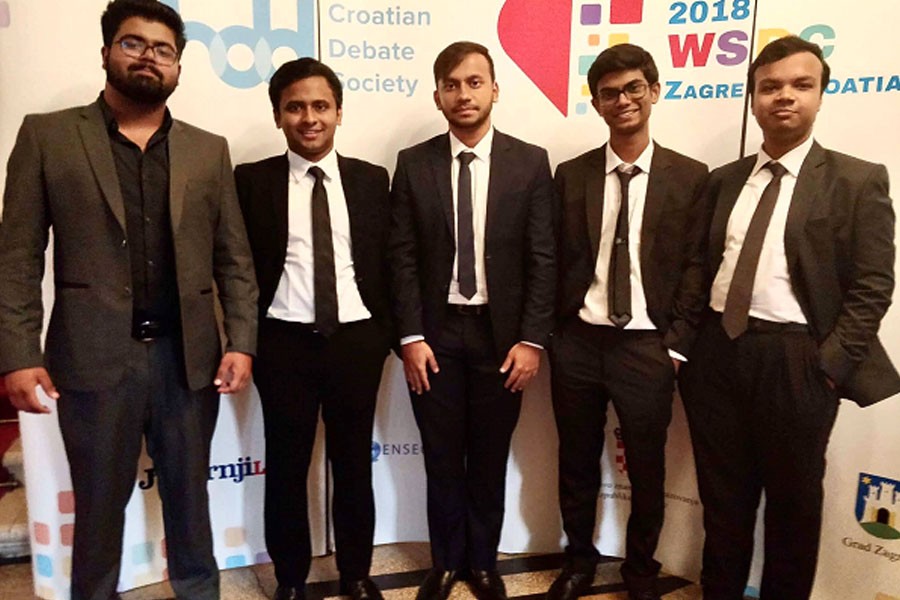 Members of Team Bangladesh (From left- Sreyan Kanungo, Jubayer Ibn Hamid, Bishal Podder, Debjyoti Biswas and Towseef Hossain) at WSDC 2018, Croatia