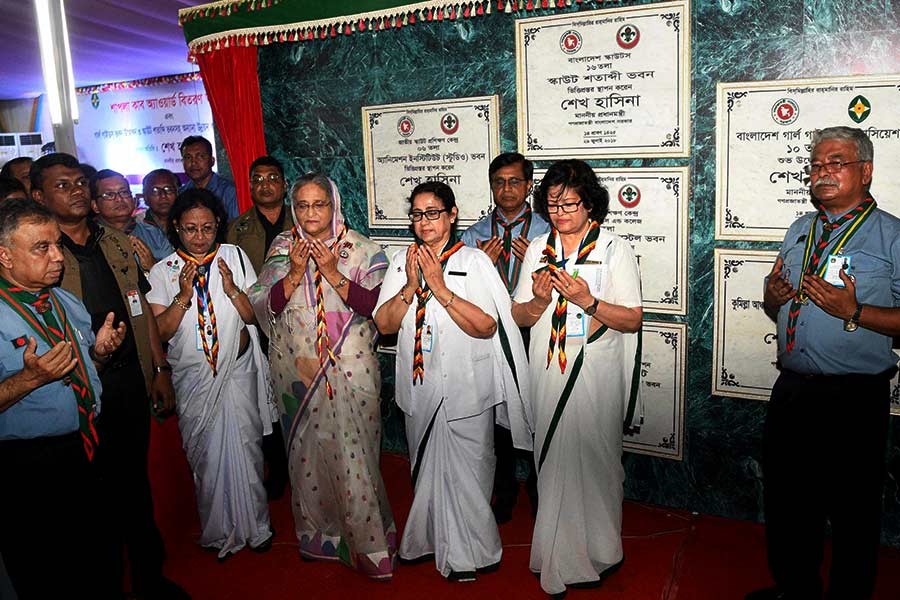 Prime Minister Sheikh Hasina opening seven projects of Bangladesh Scouts and Girl Guides Association at Ganabhaban in Dhaka on Sunday. -Focus Bangla Photo