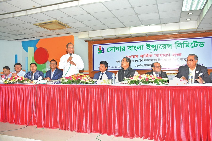 Chairman of Sonar Bangla Insurance Limited Sheikh Kabir Hossain addressing the 18th AGM of the company in the city recently