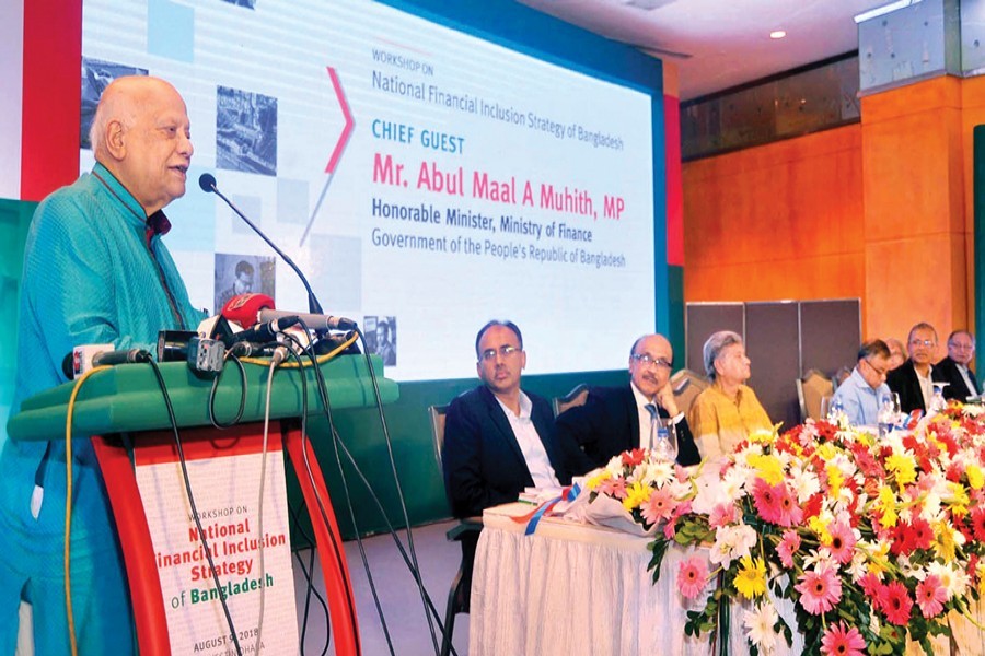 Finance Minister AMA Muhith speaking at a workshop on 'National Financial Inclusion Strategy of Bangladesh' at a city hotel on Thursday — Focus Bangla