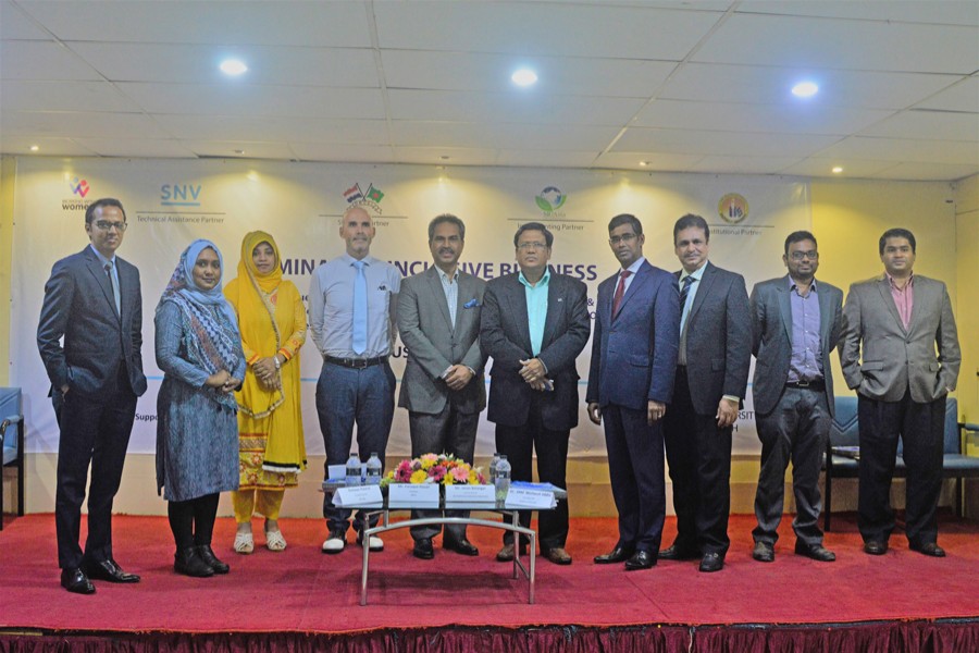 President of DBCCI Faruque Hassan, Country Director of SR Asia, Bangladesh Sumaya Rashid, Country Director of SNV Netherlands Development Organisation Jason Belanger, and Vice Chancellor of Southeast University Dr ANM Meshquat Uddin posing for a photo