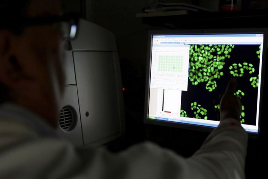 A scientist looks at an image of labelled cancer cells on a monitor — Reuters/File