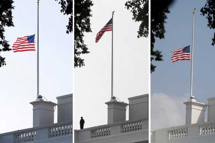 A combination of three photographs shows the US flag atop the White House flying at half staff Sunday morning August 26 in honor of the death of Senator John McCain (L), back at full staff less than 24 hours later on Monday morning August 27 (C) and then back down to half-staff Monday afternoon (R) in Washington, US, August 27, 2018. Reuters