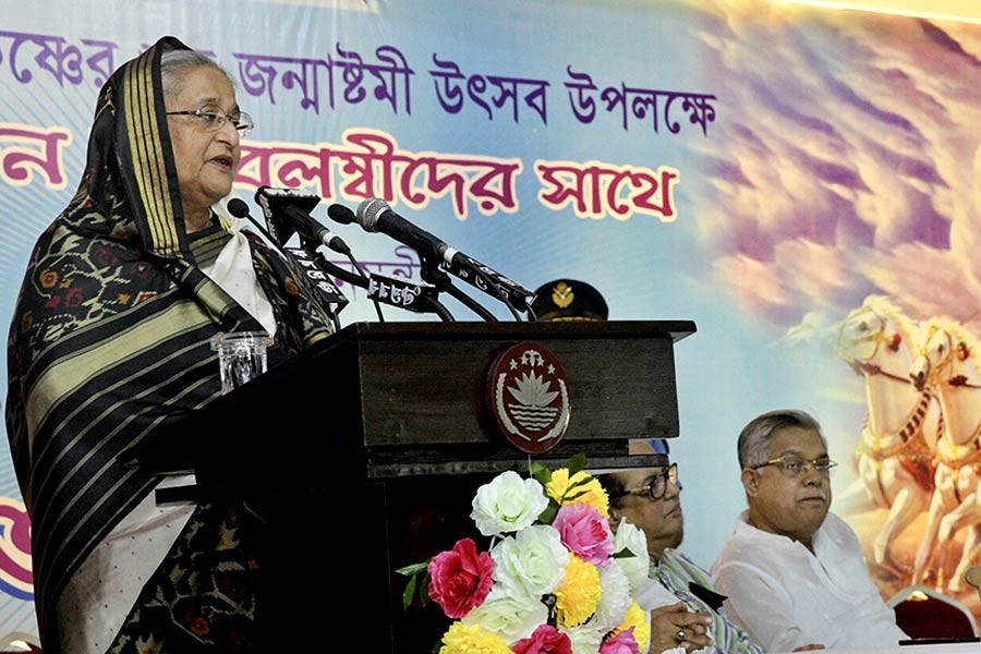 Prime Minister Sheikh Hasina addressing a function at her official residence on Tuesday on the occasion of Janmashtami. -Focus Bangla Photo