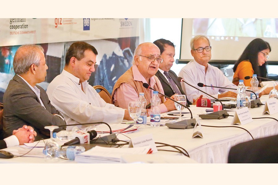 CPD Chairman Prof Rehman Sobhan speaking at the 'Conference on Transformation in the RMG Sector in Post-Rana Plaza Period' in the city on Thursday — FE Photo