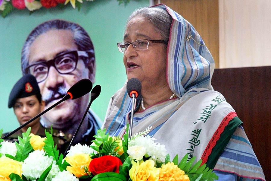 Prime Minister Sheikh Hasina addressing a function on Saturday marking inauguration of the 7 March Bhaban at Rokeya Hall of Dhaka University. -Focus Bangla Photo