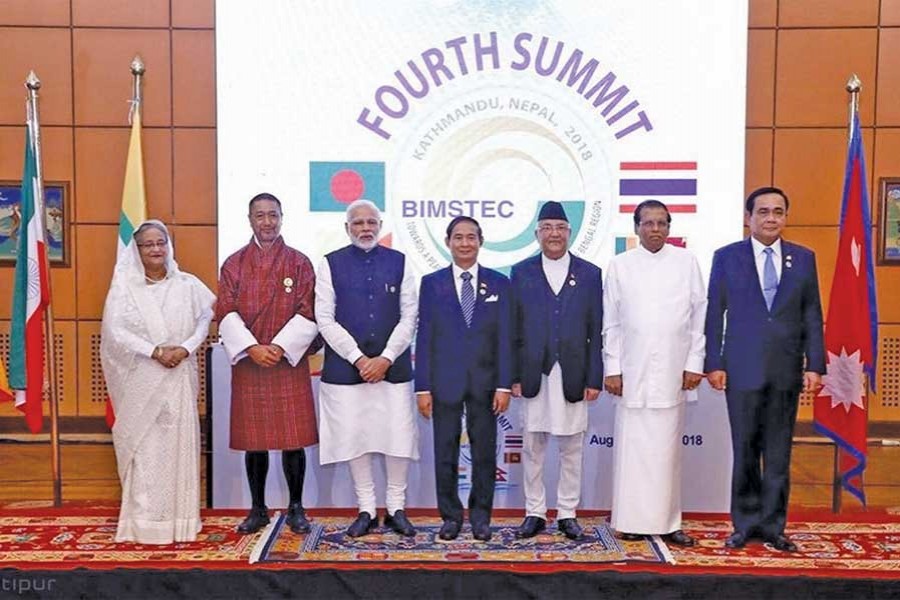 Bangladesh Prime Minister Sheikh Hasina, Chief Advisor to the Interim Government of Bhutan Gyalpo Tshering Wangchuk, Indian PM Narendra Modi, Myanmar's President Win Myint, Nepalese Premier KP Sharma Oli, Sri Lankan President Maitripala Sirisena and Thailand PM Prayut Chan-o-cha at the fourth  BIMSTEC summit last week in Kathmandu.   