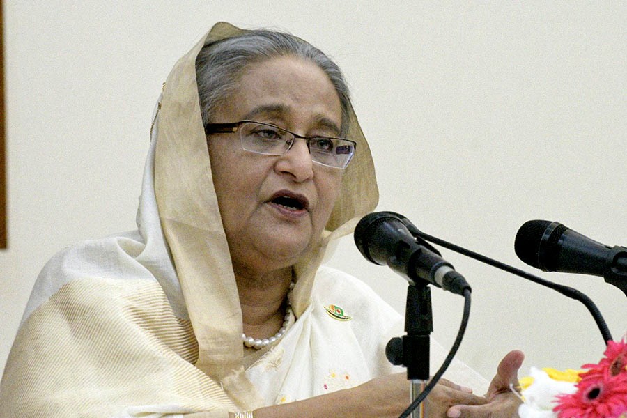 Prime Minister Sheikh Hasina addressing a press conference at her official residence Ganabhaban on Sunday. -Focus Bangla Photo