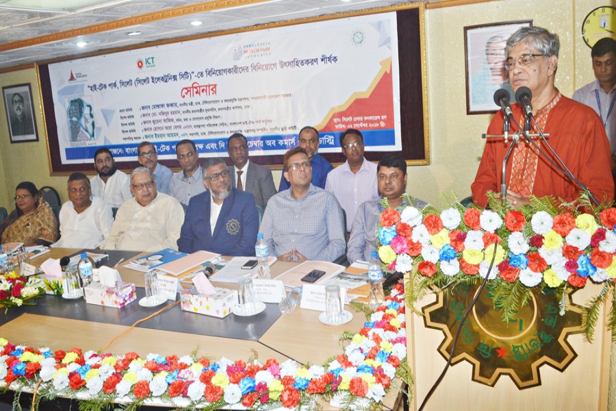 Post, Telecommunication and ICT Minister Mostafa Jabbar addressing the seminar in Sylhet on Sunday   	— FE Photo