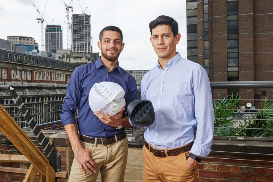 Designers of the O-Wind Turbine, Nicolas Orellana (r) and Yaseen Noorani. The inventors hope their urban turbine can generate sustainable energy for cities where traditionally it has been difficult to capture wind power. Photo: Company handout