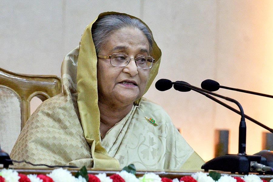 Prime Minister Sheikh Hasina addressing the oath taking ceremony of newly elected Rajshahi and Sylhet city corporation mayors and councillors at her office in Dhaka on Wednesday. -Focus Bangla Photo