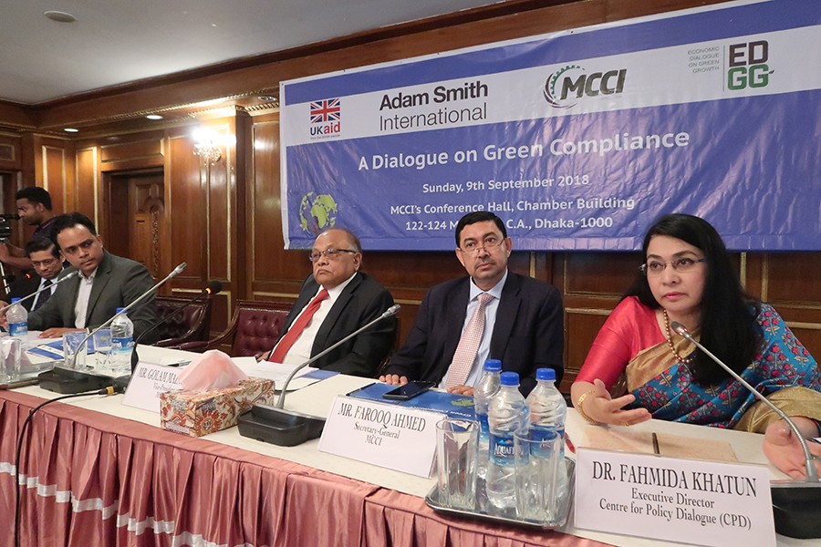 CPD executive director Dr Fahmida Khatun addressing a Dialogue on Green Compliance organised by MCCI at its conference hall in the city on Sunday — FE photo