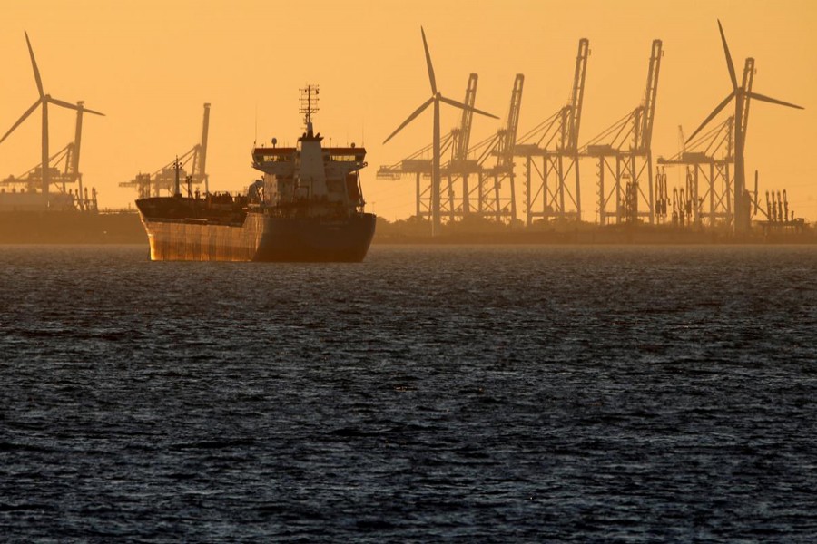 Oil tanker is seen at sunset anchored off the Fos-Lavera oil hub near Marseille, France	— Reuters