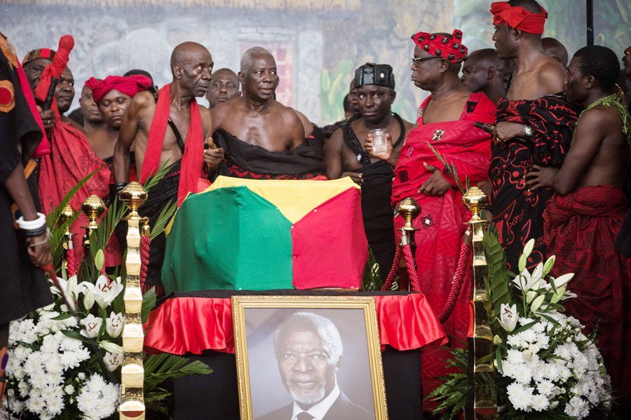 Local chiefs, politicians and extended family members waiting to pay their respects to Kofi Annan, Ghanaian diplomat and former Secretary General of United Nations, at the entrance of Accra International Conference Centre in Accra on Thursday	— AFP