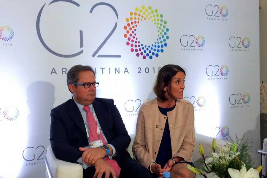 Spain's Minister of Industry, Trade and Tourism Maria Reyes Maroto talks to journalists next to Spain's Director General for International Trade and Investment Jose Luis Kaiser Moreiras during G20 Trade Ministers Meeting in Mar del Plata, Buenos Aires, Argentina, September 14, 2018. Reuters