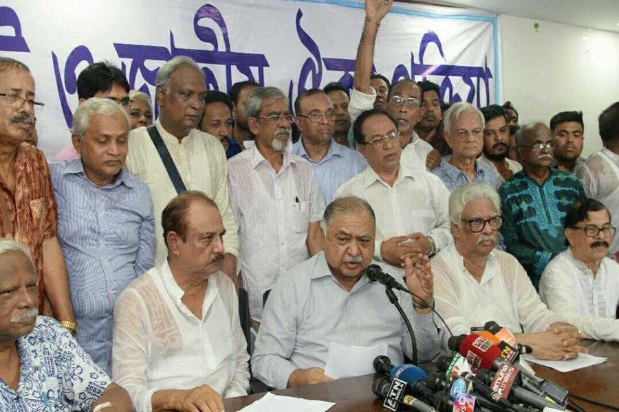 Gano Forum President Dr Kamal Hossain speaking at a press conference at Jatiya Press Club in the city on Saturday