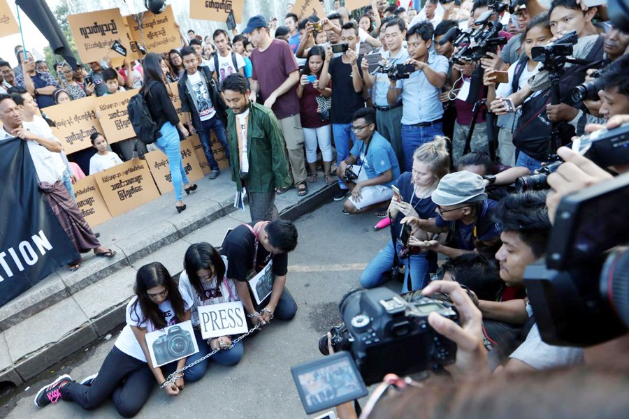 Myanmar press freedom advocates and youth activists holding a demonstration demanding the freedom of two jailed Reuters journalists in Yangon, Myanmar on Sunday	— Reuters