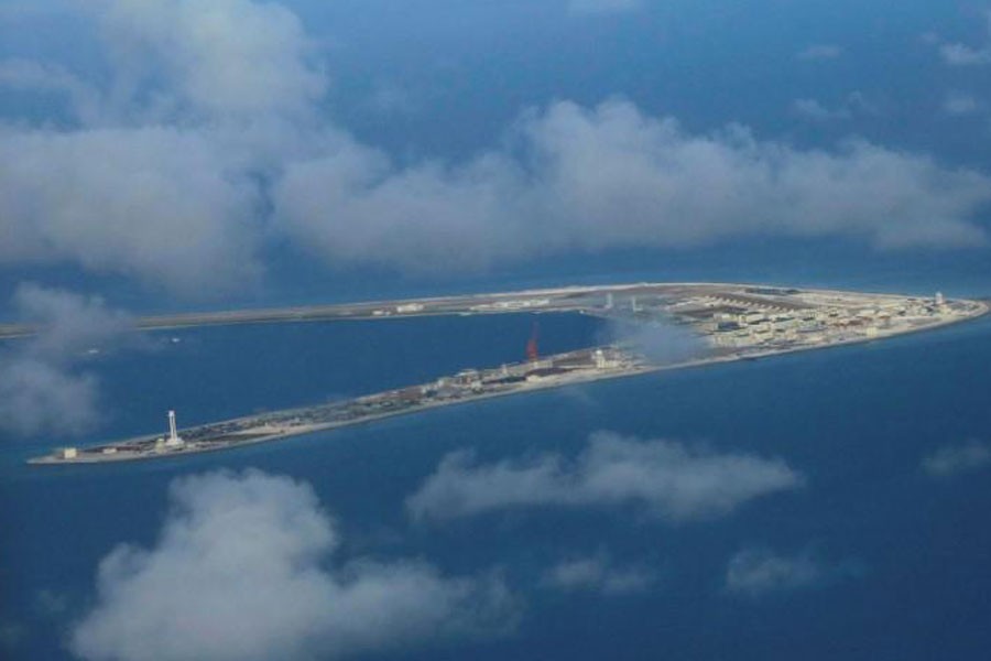 An aerial view of China occupied Subi Reef at Spratly Islands in disputed South China Sea April 21, 2017 – Reuters